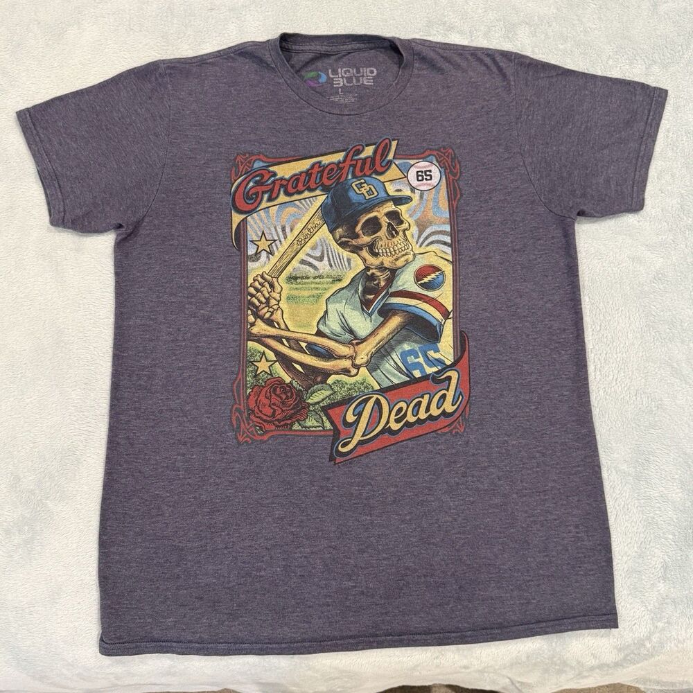 Grateful Dead Liquid Blue T Shirt Mens L Heather Blue Baseball Skeleton Bertha